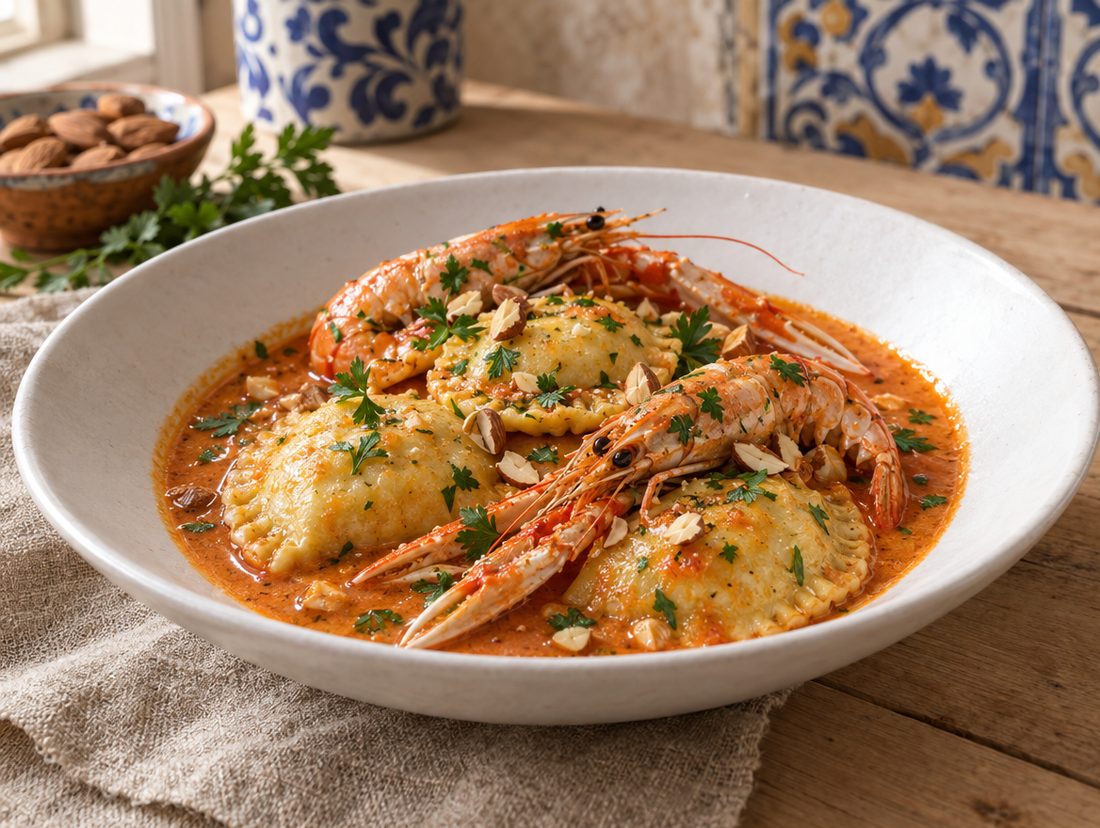 Cassatelle di ricotta in brodo di scampi