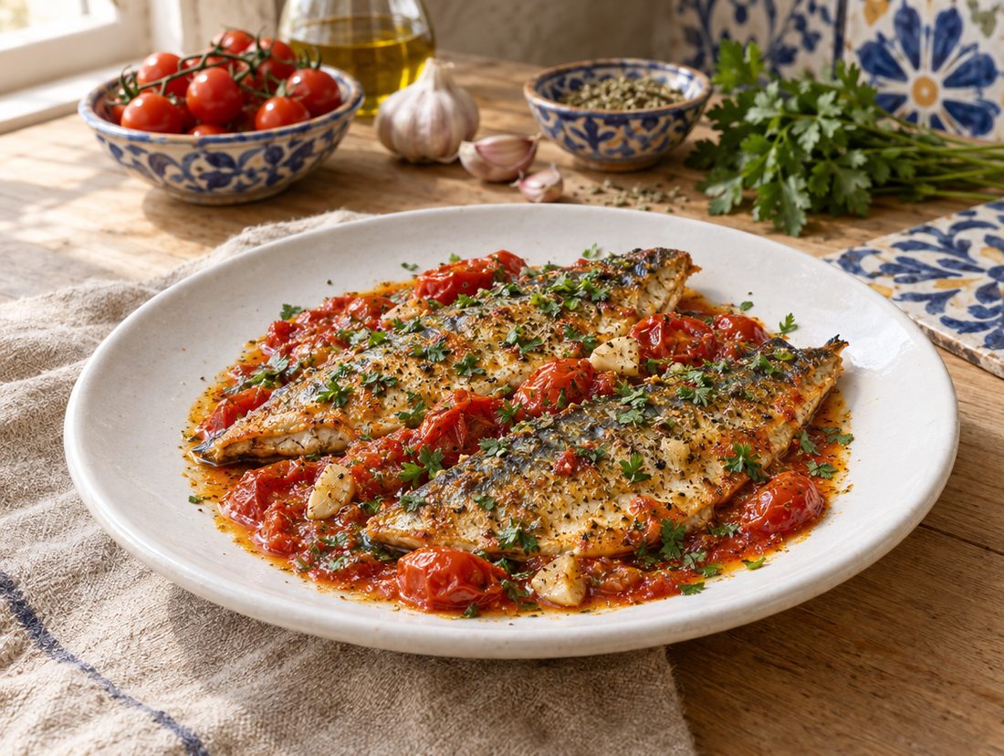 Filetti di sgombro al vino ambrato e pesto trapanese
