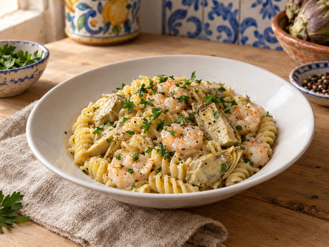 Fusilli carciofi e gamberi