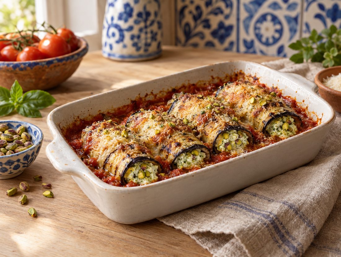 Involtini di melanzane con ricotta e pistacchi