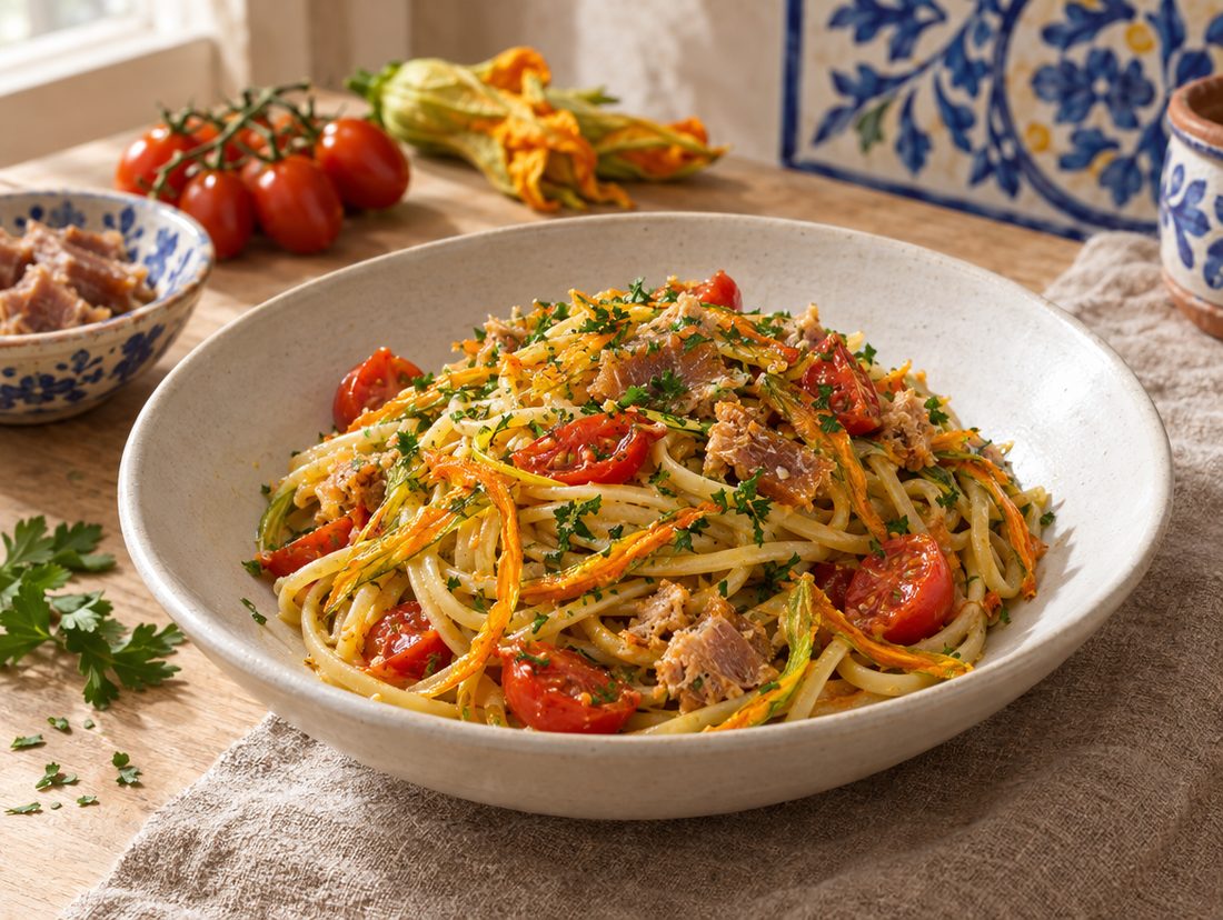 Linguine fiori di zucca e uovo di tonno