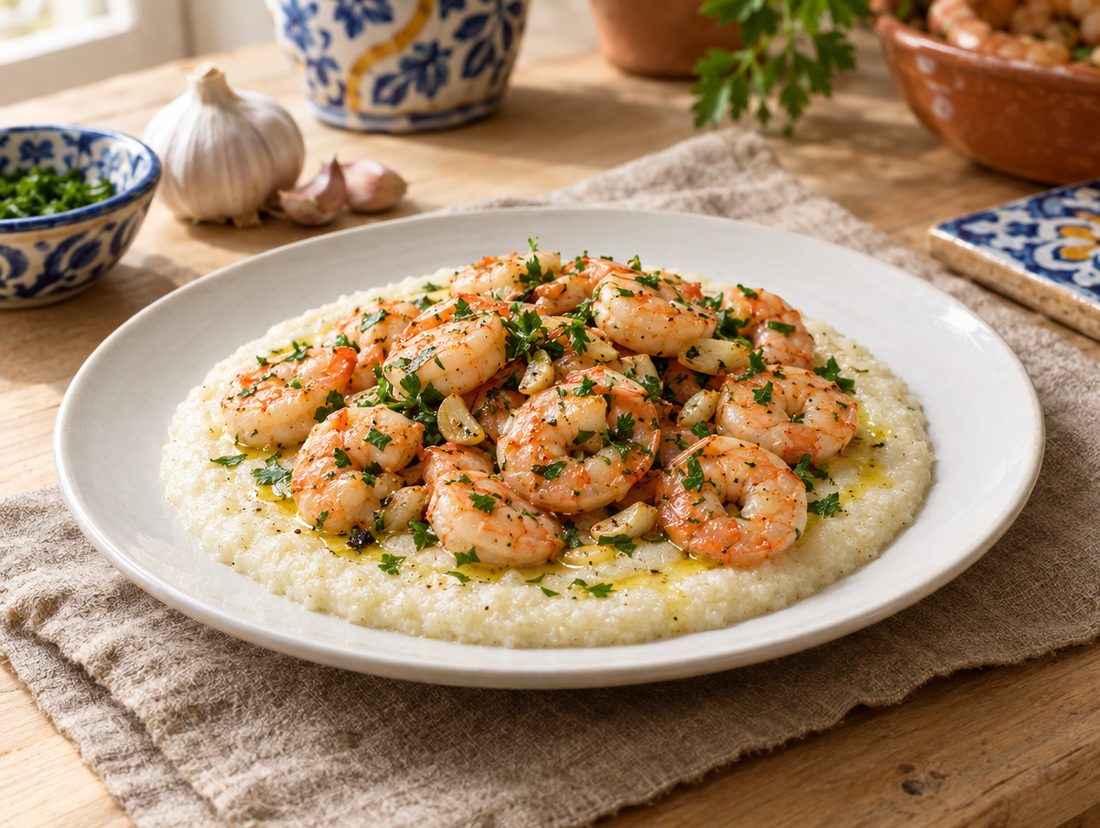 Polenta bianca e gamberetti