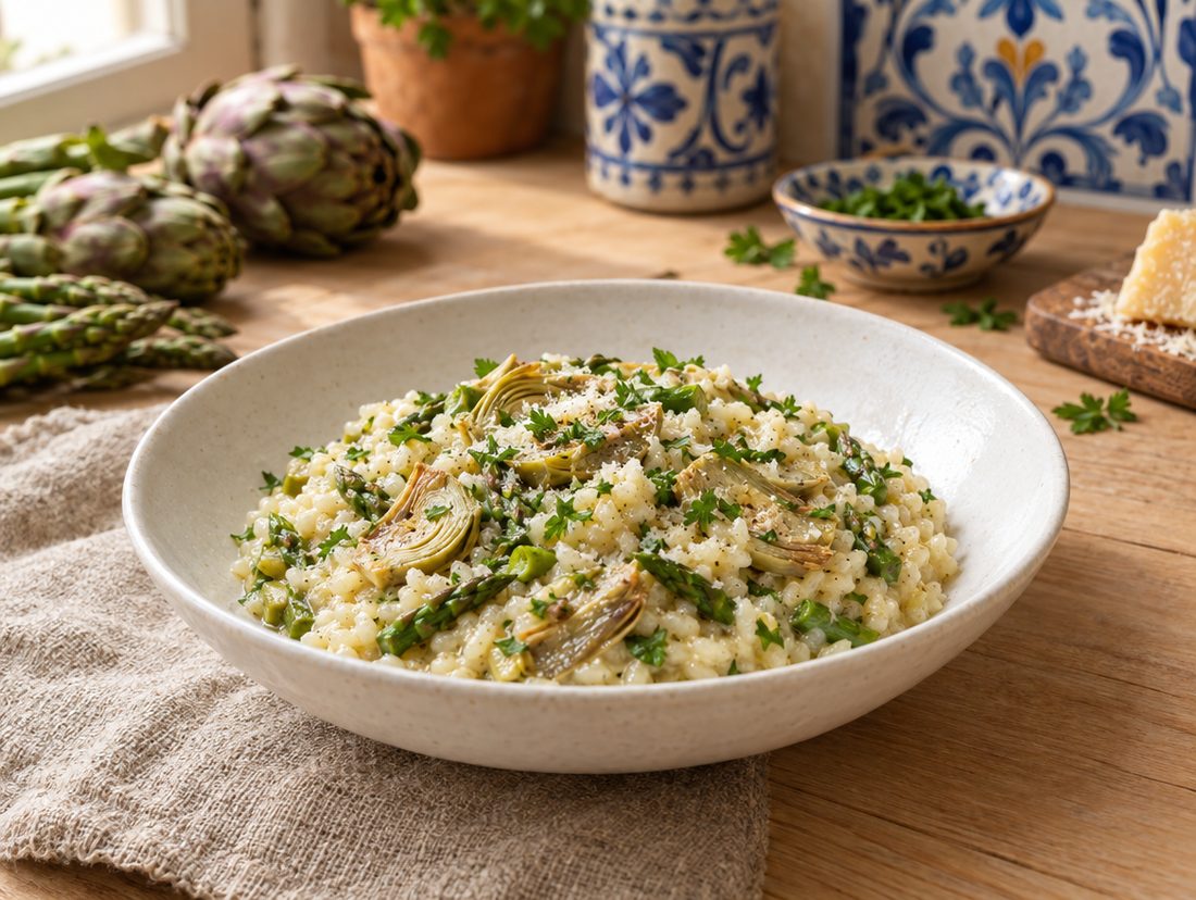 Risotto con carciofi e asparagi