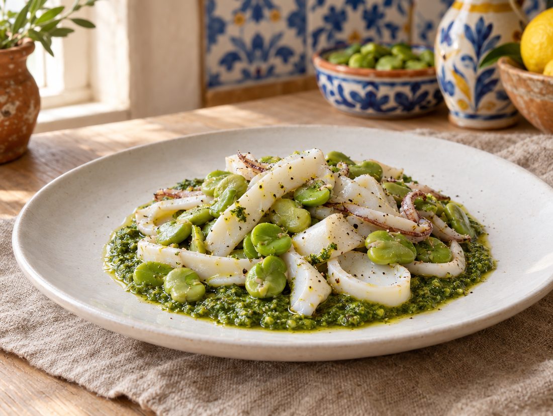 Seppia con pesto genovese e favette verdi