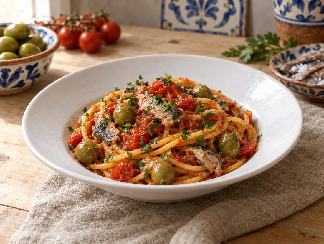 Spaghettoni alle olive verdi