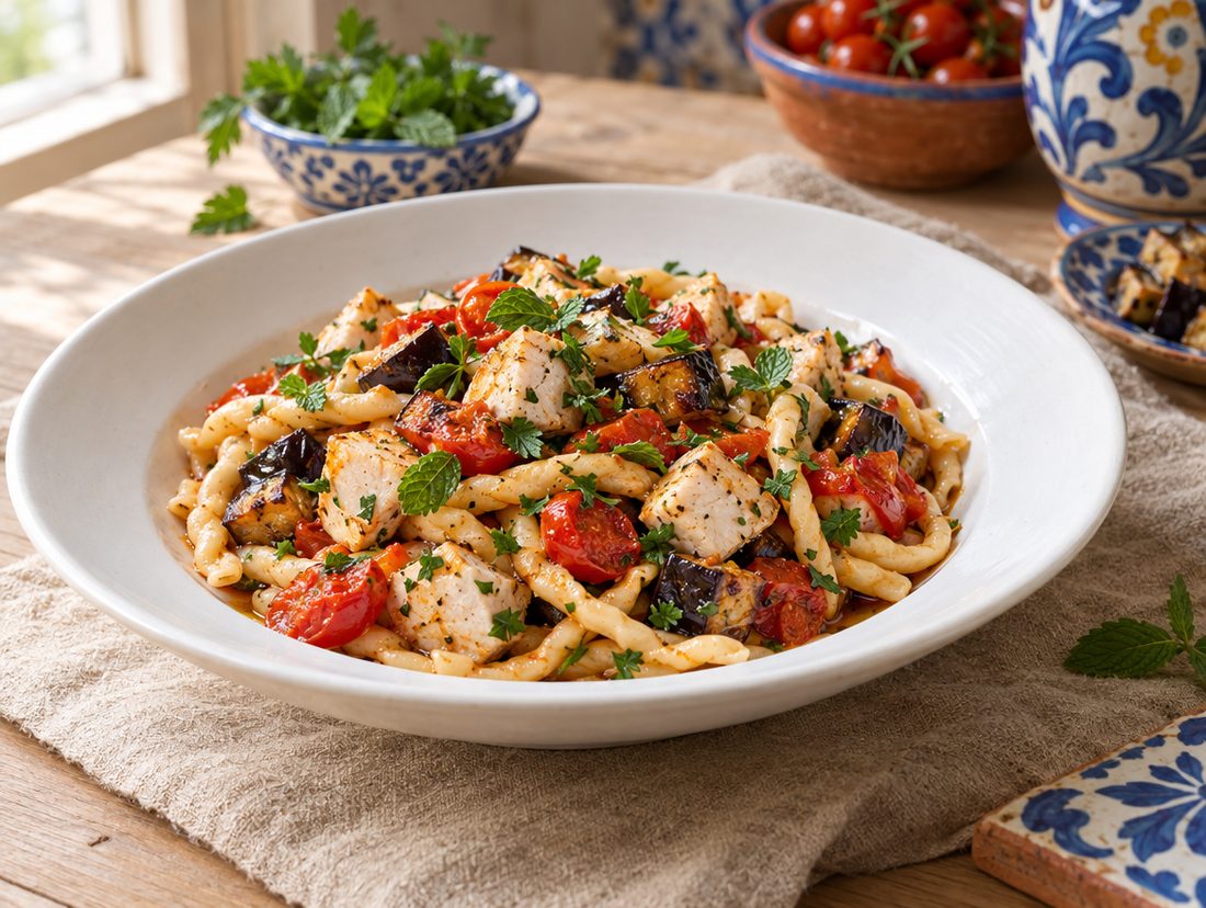 Strozzapreti pesce spada e melanzane